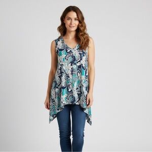 SJS Teal & Navy Textured Paisley Sharkbite Hem Tunic Blouse 1X